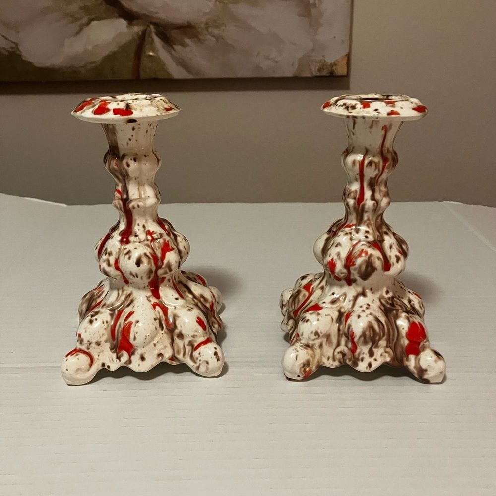 2 MCM 1965 Vintage Orange Splatter Ceramic Candle Holders